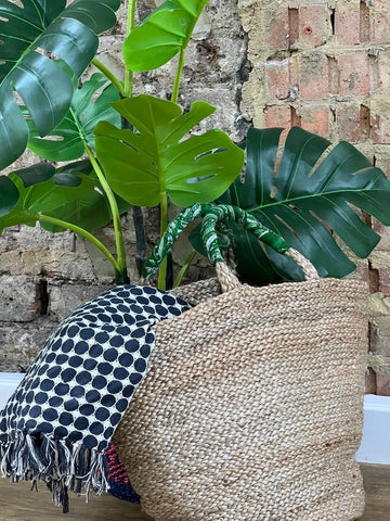 Large Woven Jute Basket with Red Handle