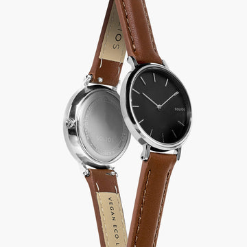 Black Mini Solar Watch | Brown Vegan Leather