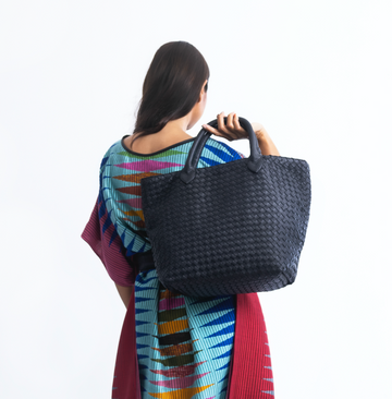 Kartini reversible hand-woven tote in black and colorful Rang Rang