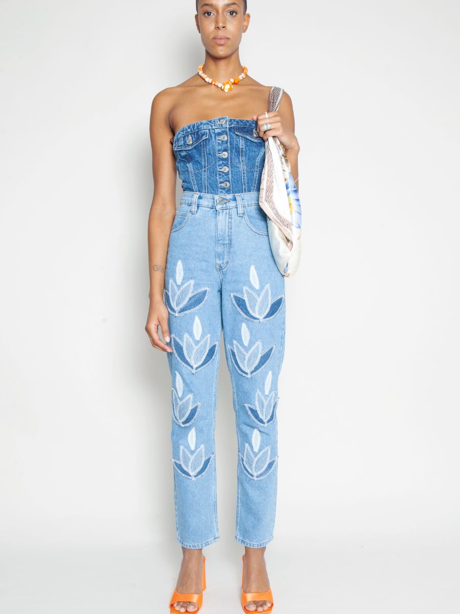 High Waisted & Recycled Upcycled Denim Leaf Blue Jeans – staiy.
