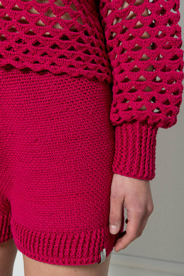 Hand Crochet Organic Cotton Shorts In Magenta