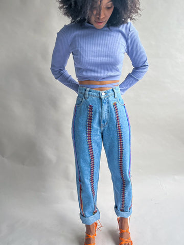 High Waisted Organic & Recycled Stripe Wool Blue Jeans