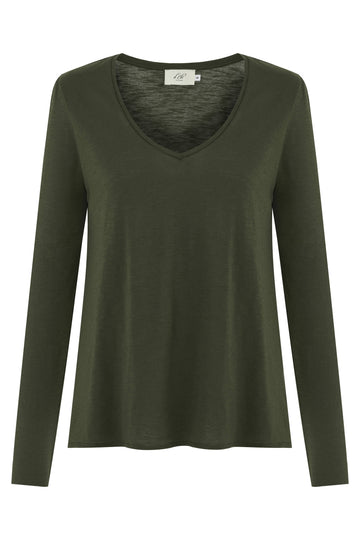 Long Sleeves T-shirt Esterella V-Neck, Rifle Green